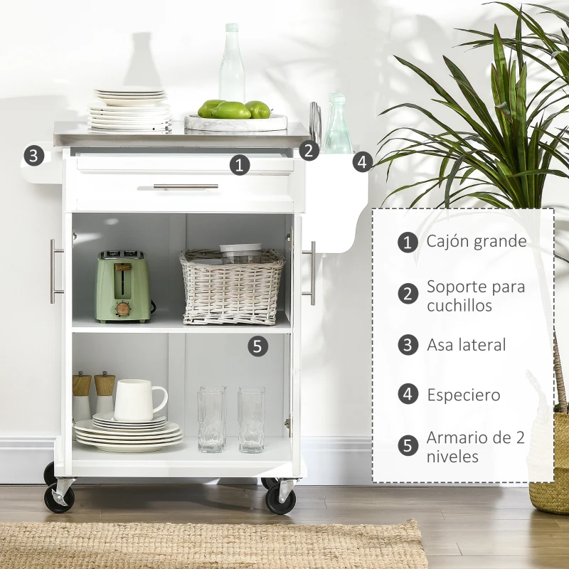 HOMCOM Mueble Auxiliar de Cocina Moderno con 4 Ruedas 1 Cajón 1 Toallero Especiero y Estante Ajustable 83,5x45,7x90,5 cm Blanco
