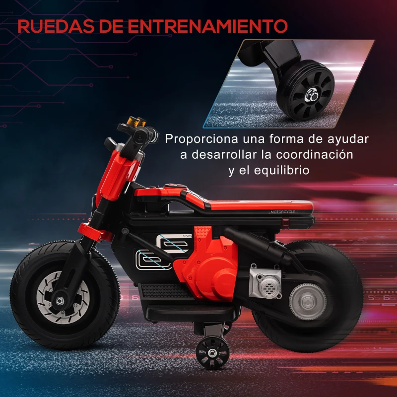 HOMCOM Moto Eléctrica Infantil con Faros Música Bocina Velocidad 3 km/h para Niños de 3-5 Años 86x44x58cm Negro y Rojo