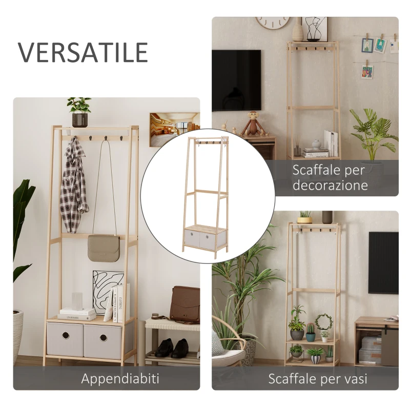 HOMCOM Appendiabiti in Legno Naturale con 4 Ganci, 3 Mensole e 2 Cassetti in Tessuto, 58x36x168cm