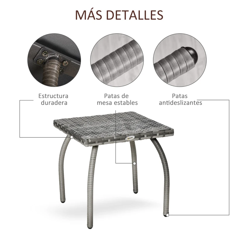 Outsunny Mesa de Exterior de Ratán Sintético con Patas de Metal Carga 30 kg para Patio Terraza Balcón 45x45x44 cm Gris