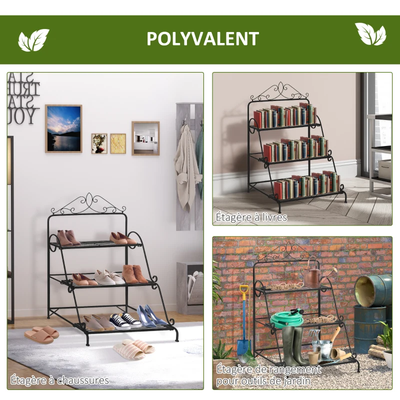 Outsunny Étagère à Fleurs Supports de Pots Porte Plante Escalier Plantes avec étagères en métal 3 Niveaux Forme escalier Pour Intérieur Balcon Jardin Terrasse dim. 60,5L x 59,5l x 95,5H cm Noir