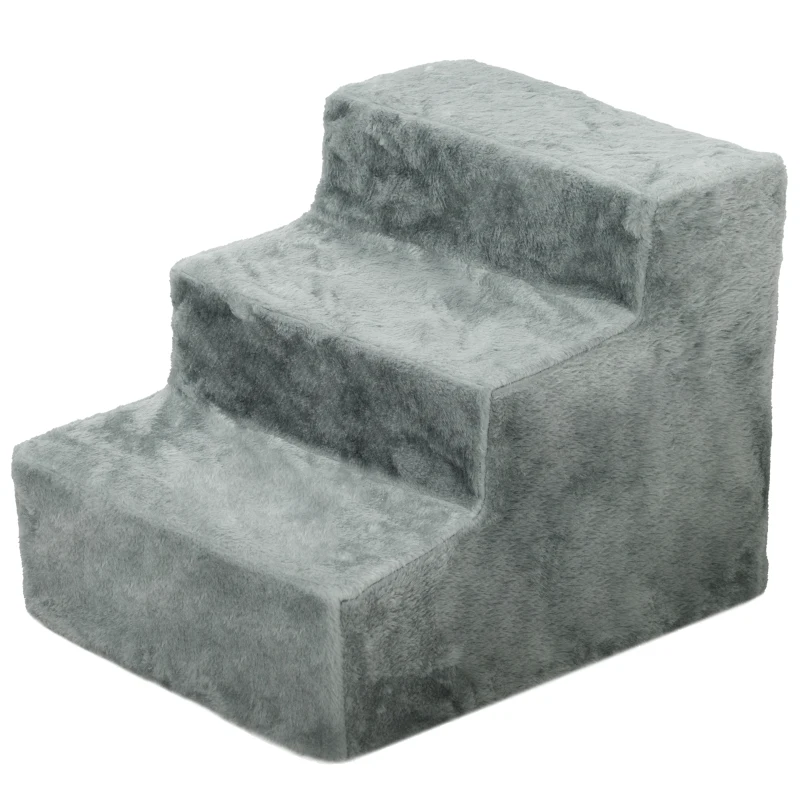 PawHut Three-Step Dog Stairs, with Washable Plush Cover, for High Bed Sofa, Dog Stairs for Small Dog and Cat - Light Grey
