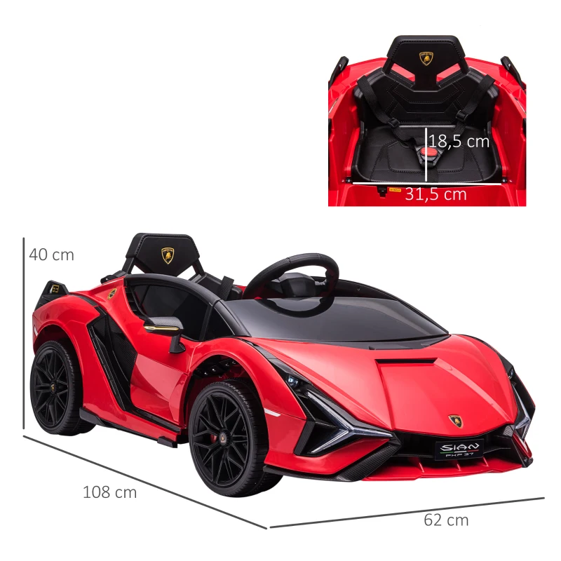 HOMCOM Coche Eléctrico para Niños de +3 Años Lamborghini SIAN Coche de Batería 12V con Mando a Distancia Apertura de Puerta Música MP3 USB y Faros 3-5 km/h 108x62x40 cm Rojo(m-3)