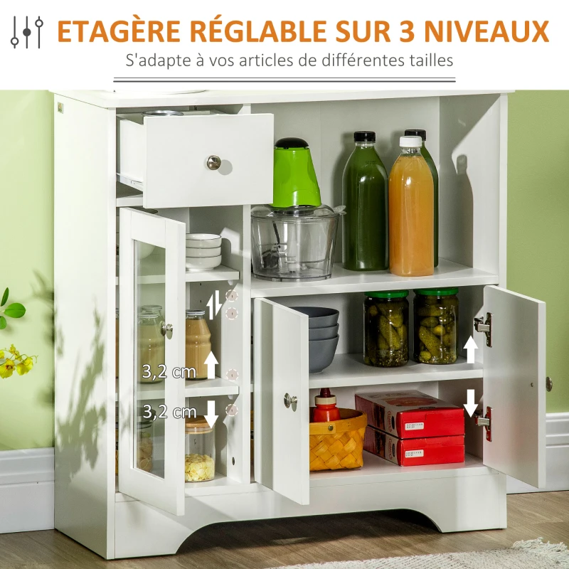 HOMCOM Buffet de cuisine moderne avec porte en verre, tiroir, grande niche et étagères réglables 80 x 30 x 82 cm blanc
