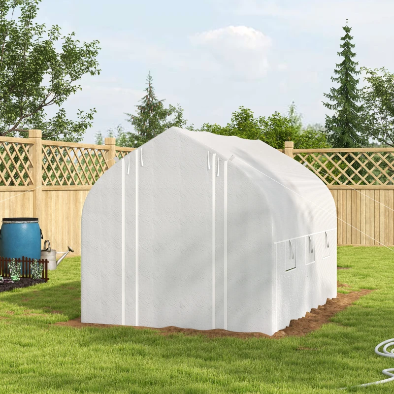 Outsunny 3 x 2(m) Walk-in Polytunnel Greenhouse, Zipped Roll Up Sidewalls, Mesh Door, 6 Mesh Windows, Tunnel Warm House Tent with PE Cover, Complimentary Plant Labels and Gloves, White