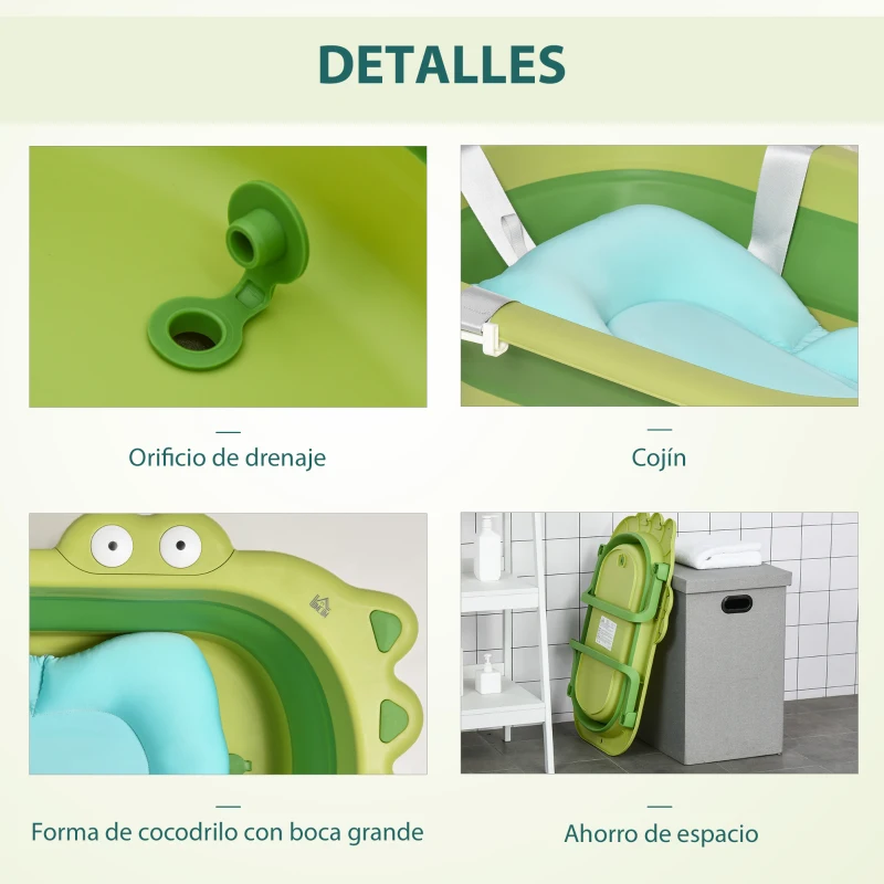 HOMCOM Bañera Plegable para Bebé Bañera Bebé 0-3 Años 50 Litros con Cojín Cómodo y Patas Plegables Carga 50 kg 80x53,9x20,8 cm Verde