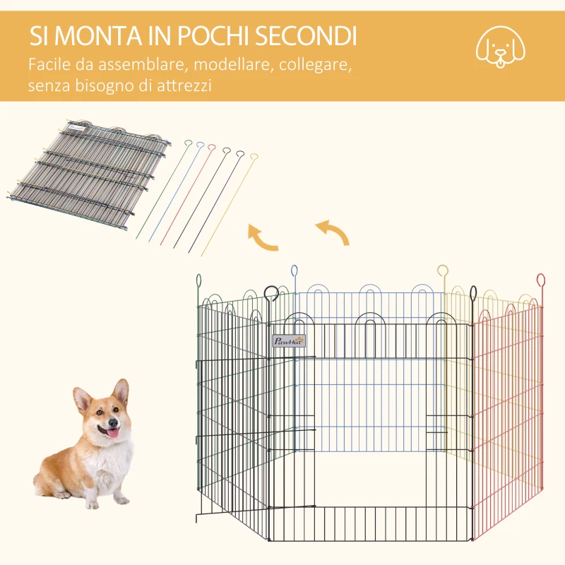 PawHut Recinto per Cani e Cuccioli, 6 Pannelli in Filo Metallico Colorato, Box per Animali Esterno, Ø120x60cm