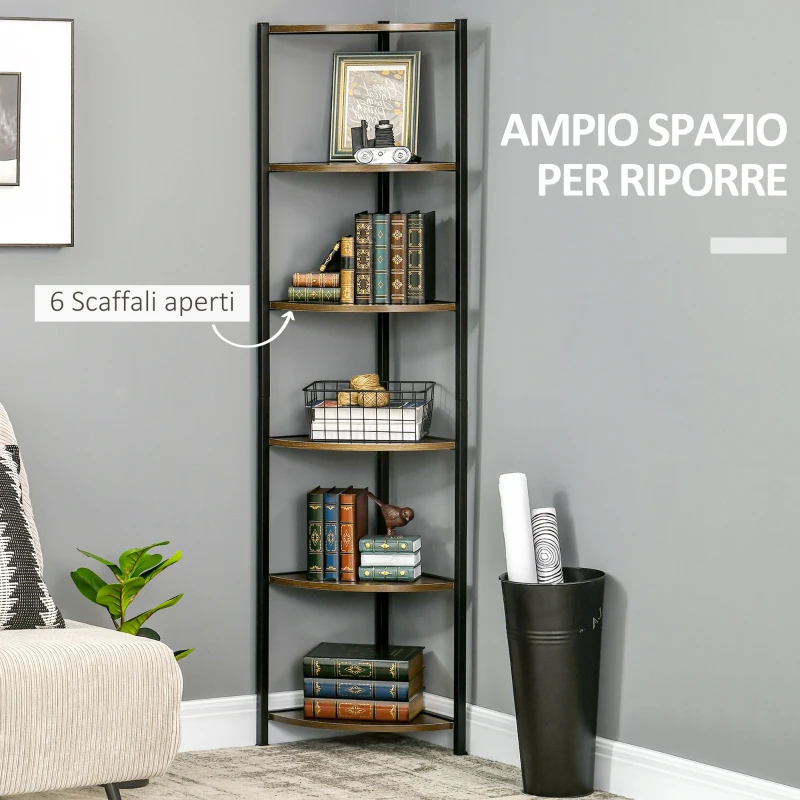 HOMCOM Libreria Moderna Angolare a 6 Ripiani in Metallo e MDF, 34x34x166cm, Marrone e Nero