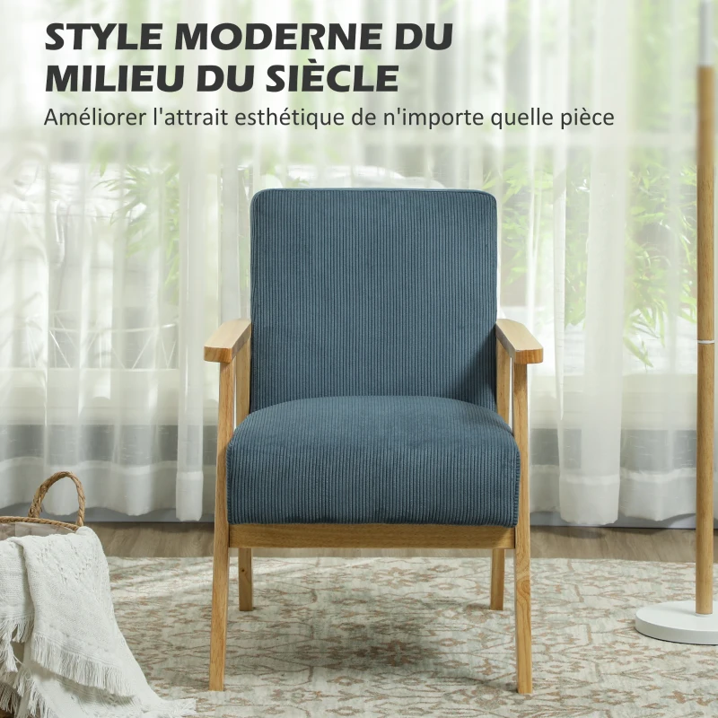 HOMCOM Fauteuil salon fauteuil 1 place style moderne du milieu du siècle tissu en velours côtelé 59 x 67 x 79,5 cm bleu