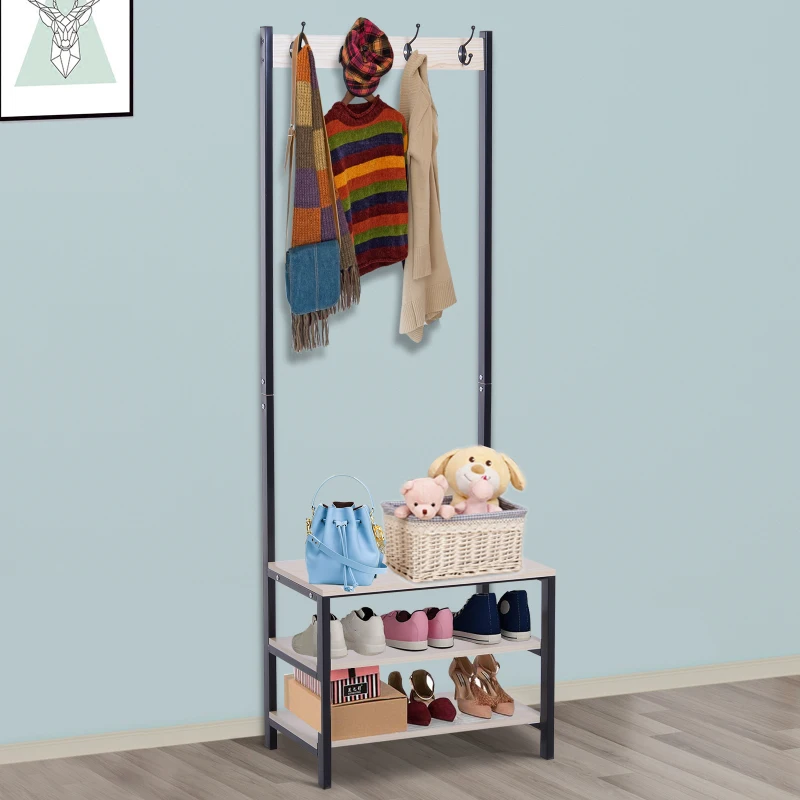 HOMCOM 4 Hooks Wooden Garment Rack Freestanding Coat Rail Storage Shelves Metal Tidy Shoes Clothes Stand Entryway Furniture - 60L x 40W x 175H (cm)