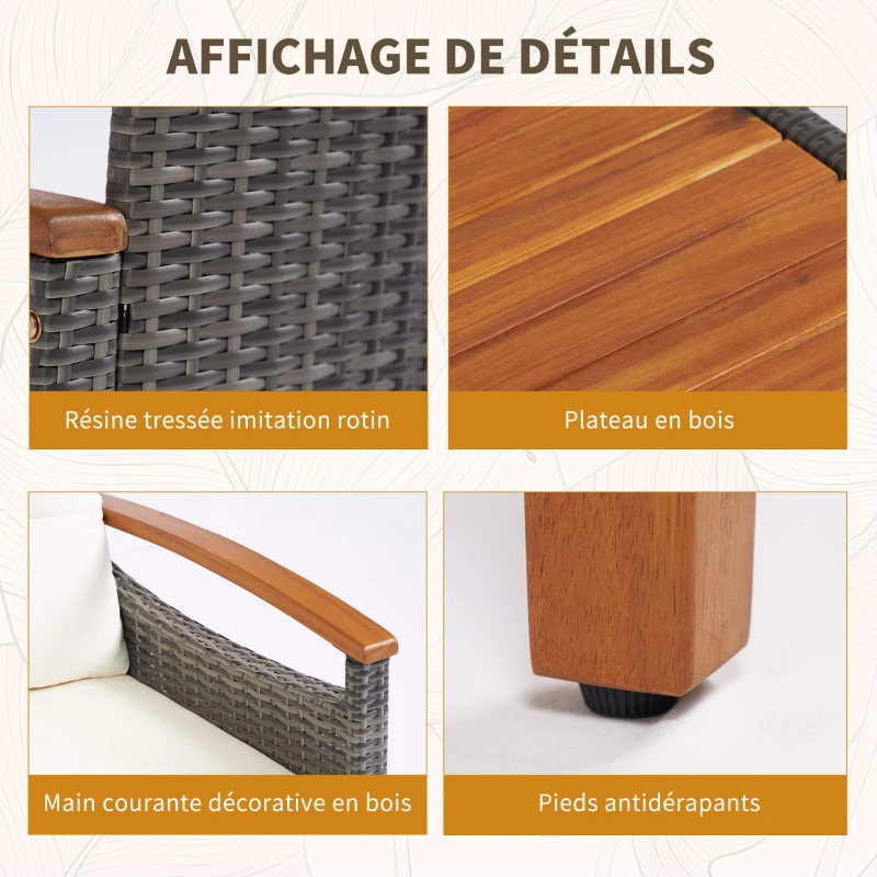 Outsunny Ensemble salon de jardin 4 pièces en rotin PE canapé 2 places 2 fauteuils coussins et plateau en bois d'acacia crème