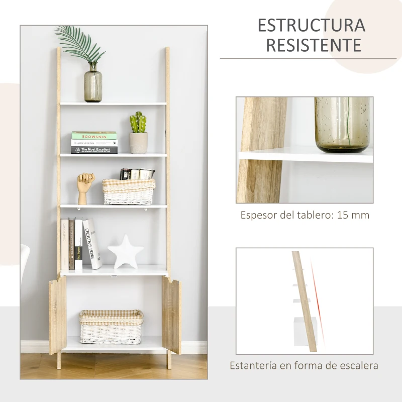 HOMCOM Estantería en Forma de Escalera de Madera Librería con 3 Estantes y 1 Armario de Almacenaje 60x40x171 cm Roble y Blanco