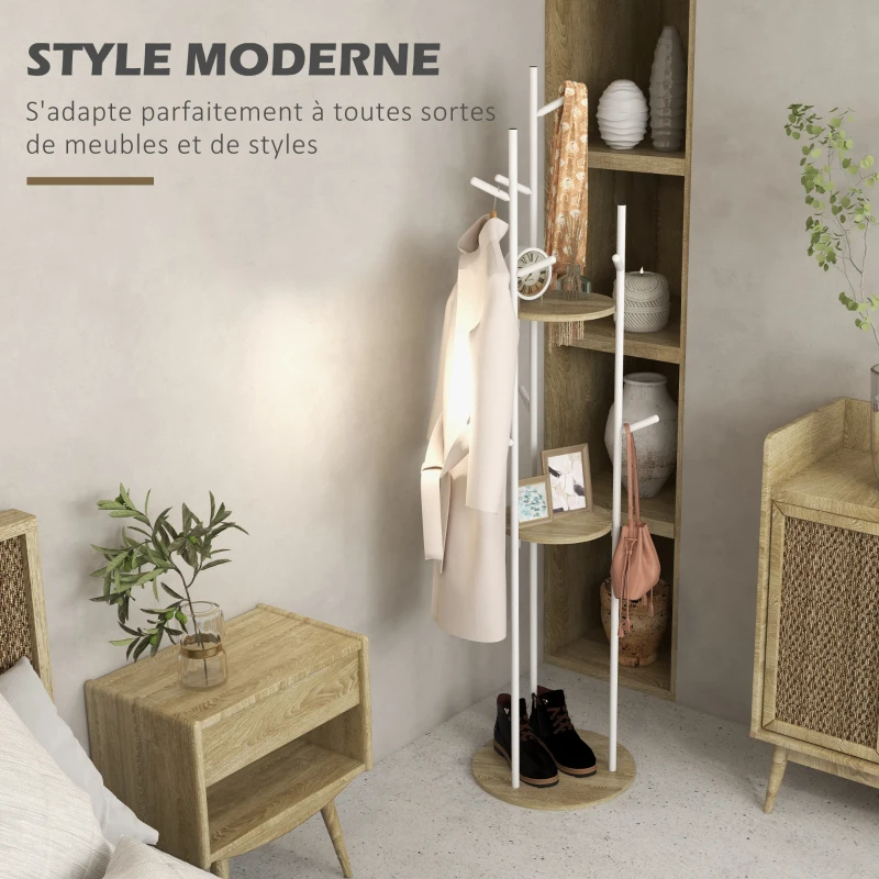HOMCOM Porte-manteaux sur pied meuble d'entrée en acier avec 9 crochets et 2 étagères rondes Ø 40 x 167 cm naturel et blanc