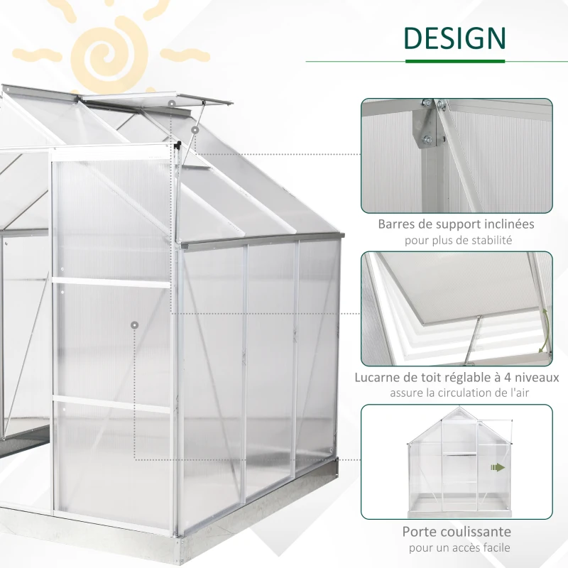 Outsunny Serre de Jardin Aluminium Tente Abri Plante Jardinage Polycarbonate 3,6 m² dim. 1,9L x 1,93l x 2,05H m Fondation Lucarne réglable Porte coulissante