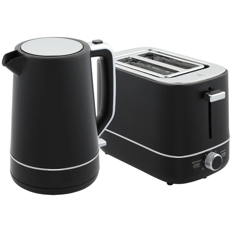 HOMCOM Kettle and Toaster Set, 1.7L 3000W Fast Boil Kettle & 2 Slice Toaster Kitchen Set with 6 Level Browning Controls, Defrost, Reheat, Black