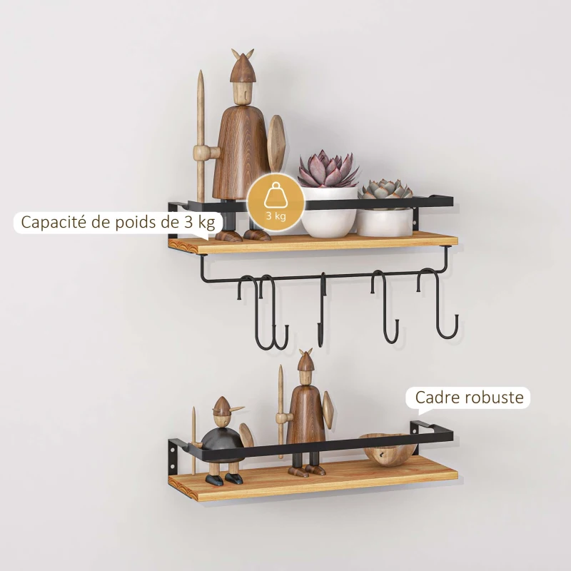 HOMCOM Lot de 2 étagères murales avec 6 crochets amovibles et tringle, style industriel pour cuisine, salle de bain, bois acier