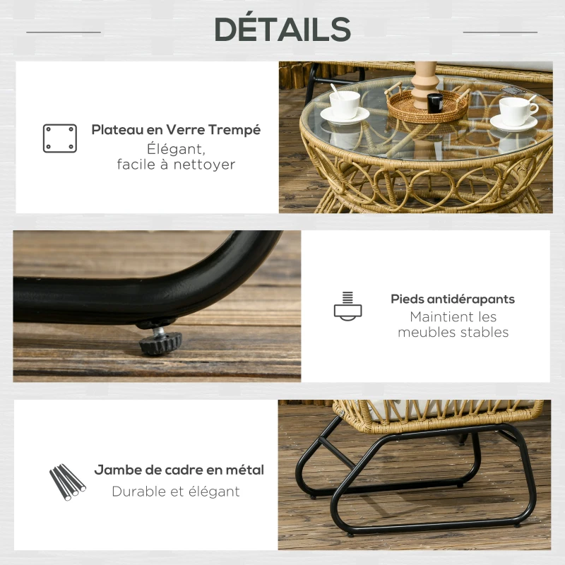 Outsunny Salon de jardin 4 pièces en résine tressée canapé 2 places + 2 fauteuils + 1 table basse sable et crème