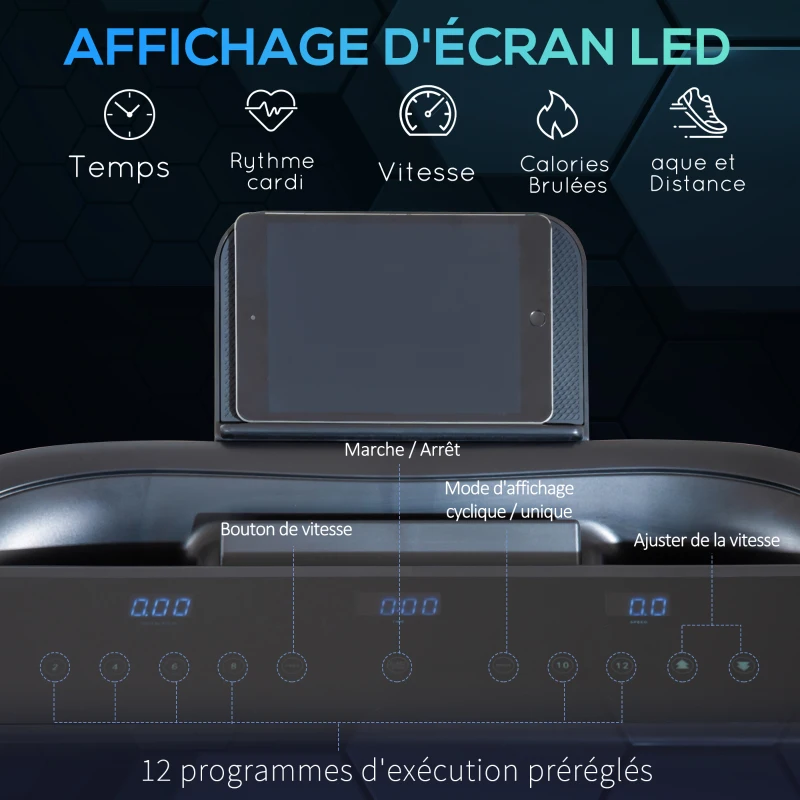 HOMCOM Tapis de course électrique pliable 1-14 km/h 550 W tapis roulant écran LED support de téléphone bande extra-large antidérapant acier PP ABS 153 x 77 x 124 cm noir