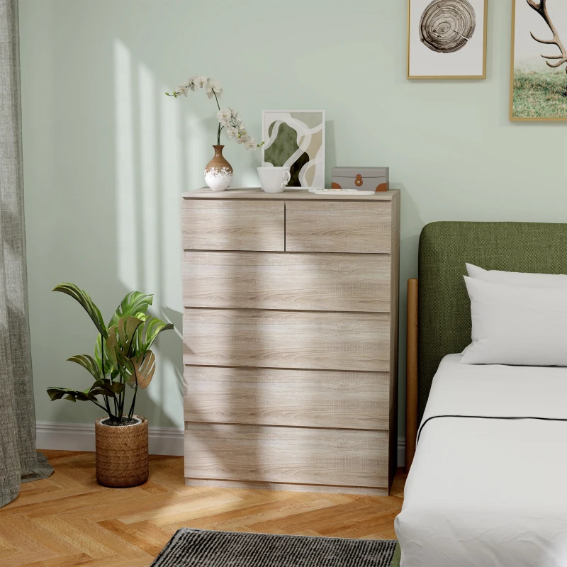 HOMCOM Commode 6 tiroirs meuble de rangement sans poignées design minimaliste 80 x 39 x 115 cm bois naturel