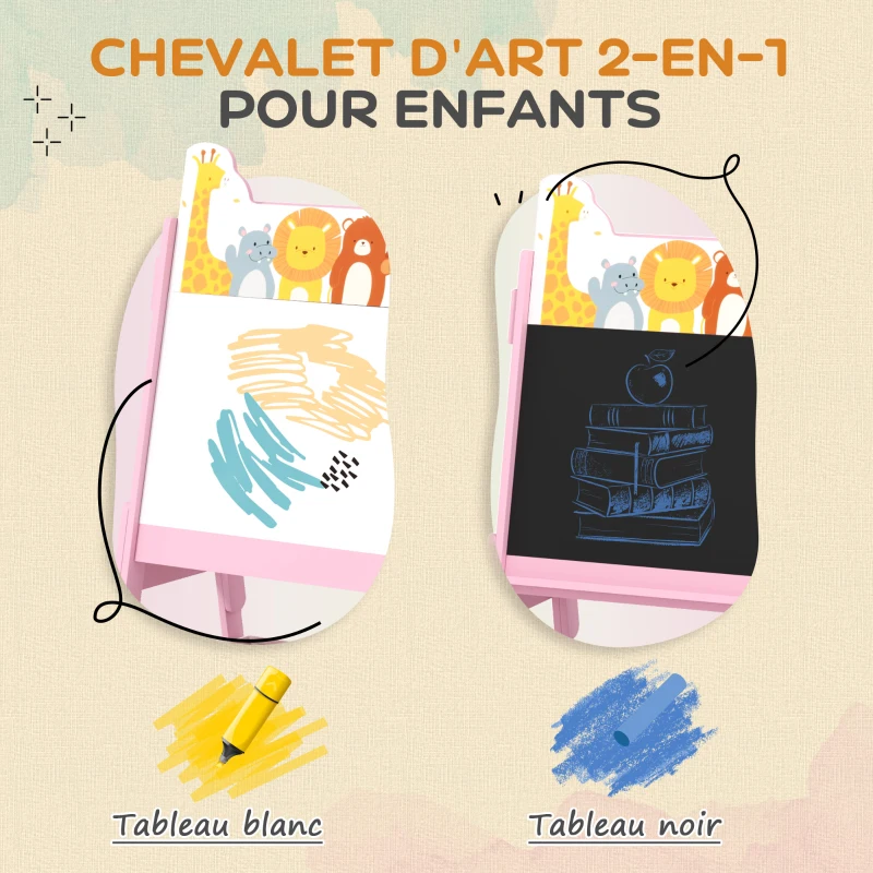 AIYAPLAY Tableau enfant chevalet enfant double face 2 boîtes de rangement pour enfants 3 - 8 ans 49 x 53,5 x 113 cm rose
