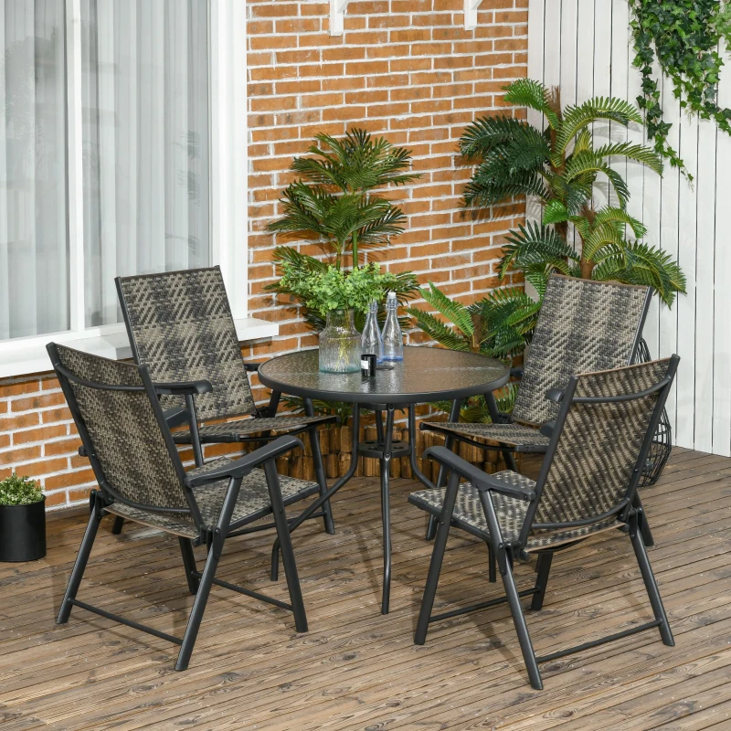 Outsunny 4 Seater Rattan Dining Set, Rattan Garden Furniture Set with Parasol Hole, Outdoor Dining Table and Chairs with 4 Armchairs, Round Glass Top Table for Patio, Balcony, Mixed Grey