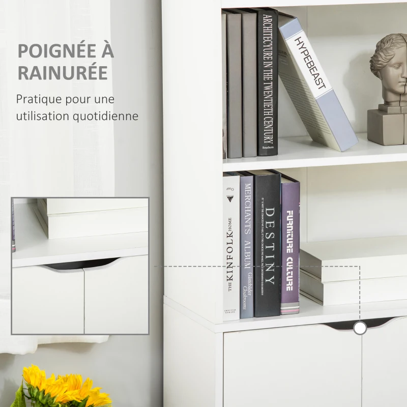 HOMCOM Bibliothèque Armoire à livres avec 4 compartiments ouverts et 2 portes pour le salon et le bureau 59x29x180 cm Blanc