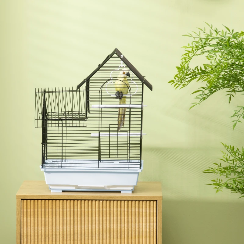 PawHut Gabbia per Uccelli in Metallo con Maniglia, Vassoio Estraibile, Pioli e Altalena, 39x33x47cm, Bianco