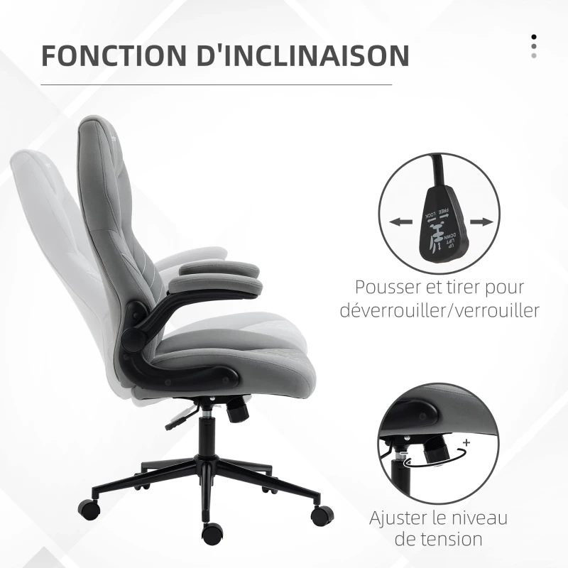 Vinsetto Fauteuil de bureau à roulettes chaise manager ergonomique pivotante hauteur réglable accoudoirs relevables gris