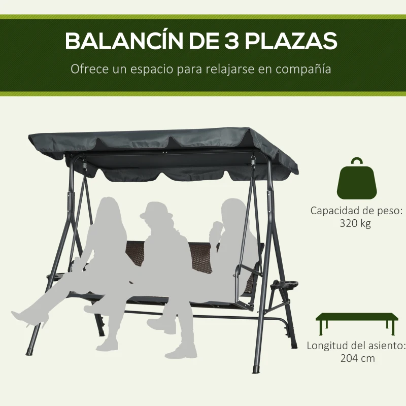 Outsunny Columpio de Jardín de 3 Plazas con Toldo Ajustable Portavasos y Bandejas Carga 320 kg 204x112x150 cm Gris
