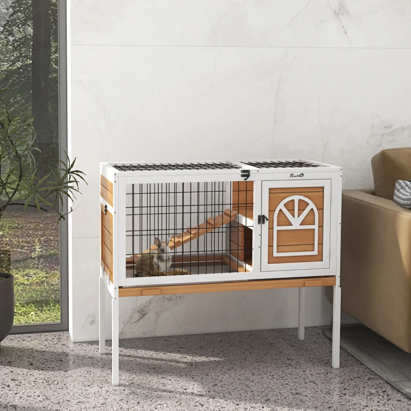 PawHut Wooden Rabbit Hutch, Guinea Pig Cage, with Removable Tray, Openable Roof
