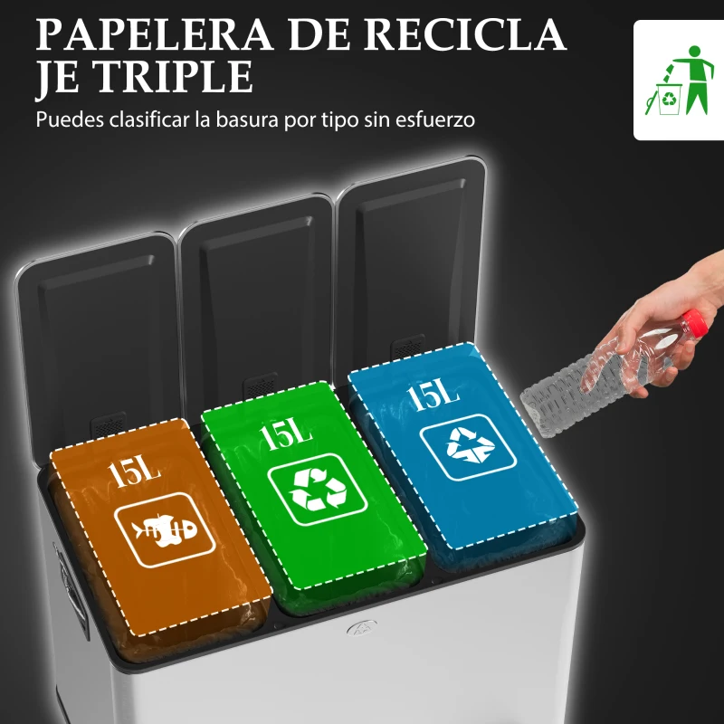HOMCOM Papelera Cocina de Acero Inoxidable con 3 Compartimentos 3x15L con Pedales Tapas de Cierre Suave y Cubo Extraíble Plata