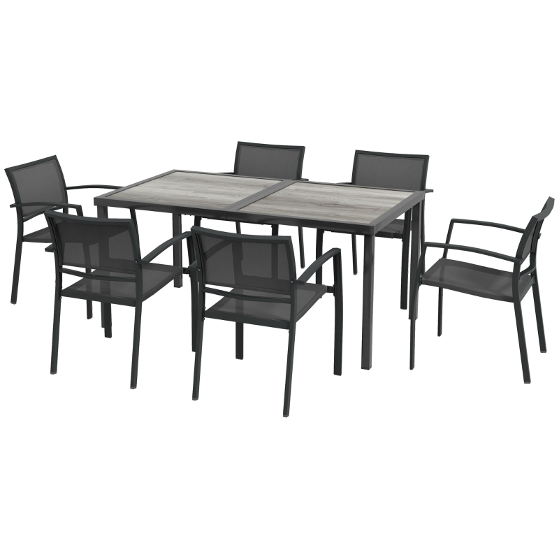 Outsunny Ensemble salle à manger de jardin 7 pièces avec 1 table et 6 chaises empilables en métal époxy textilène gris foncé