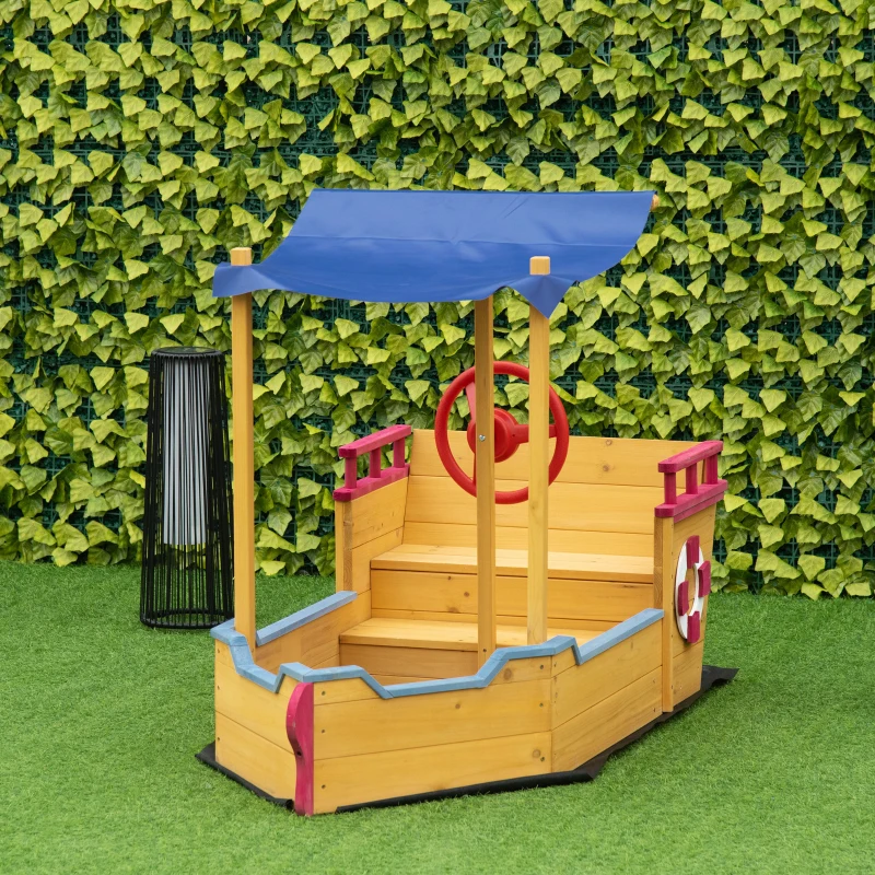 Outsunny Kids Wooden Sandpit, Children Sandbox Pirate Ship, Sandboat Play Station for Outdoor w/ Canopy Shade Storage Bench Bottom Liner