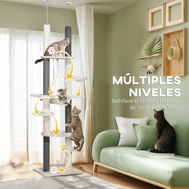 PawHut Árbol para Gatos de Suelo a Techo 225-255 cm con Hamacas Plataformas Juguete de Cuerda Bola de Juguete Crema y Gris