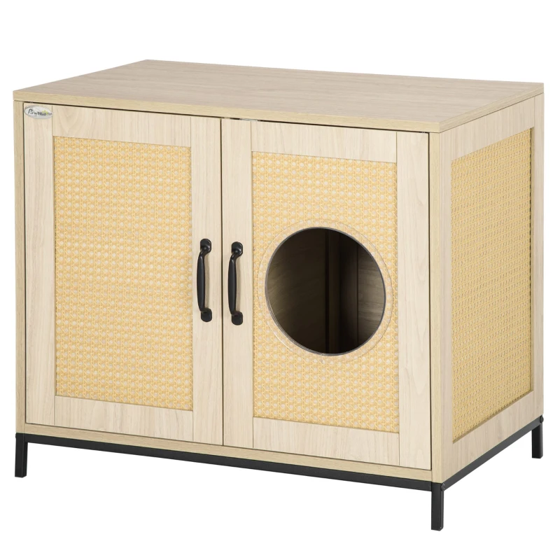 PawHut Meuble maison de toilette pour chat 2 en 1 niche cabane pour chat meuble cache litière chat avec double porte châssis Acier Panneaux Particules Aspect Bois Clair