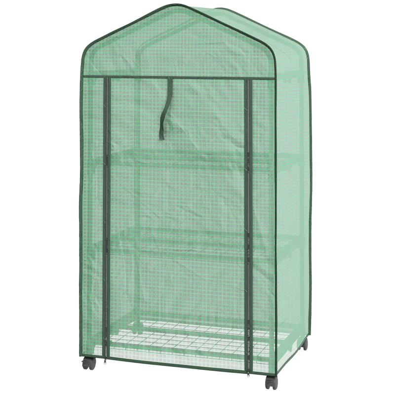 Outsunny Mini Serra da Giardino con Copertura in PE, 3 Ripiani e Ruote, 69x49x130cm, Verde