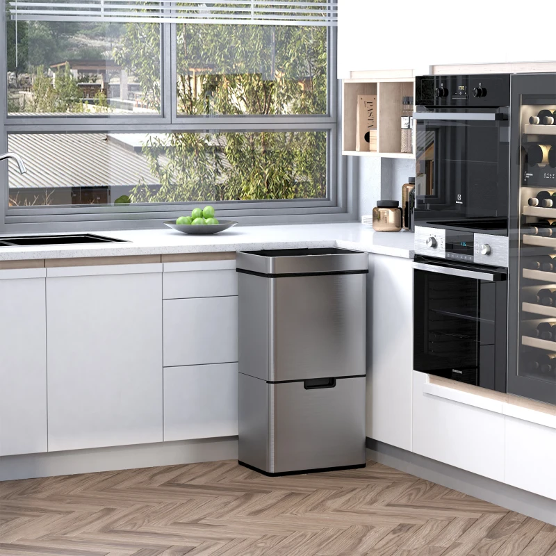 HOMCOM 72L Recycling Sensor Bin Stainless Steel 3 Compartments For Both Wet/Dry Waste w/Removable Lid  Kitchen Home