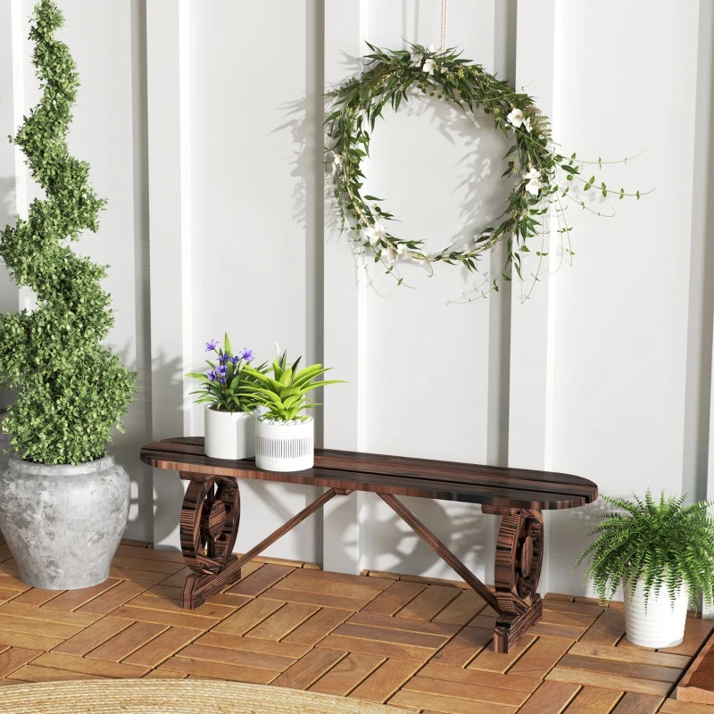 Outsunny Banco de de Madera con 2 Ruedas Decorativas Estilo Rústico Carga 200 kg 120x29x39 cm Carbonizado