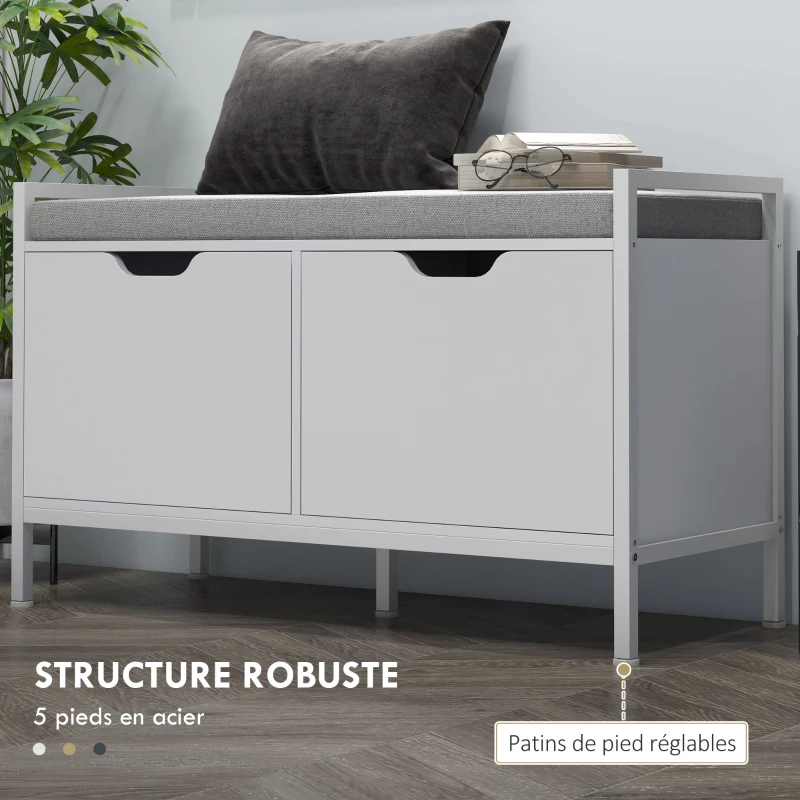 HOMCOM Banc meuble à chaussures, 2 placards, meuble d'entrée avec coussin rembourrée, 84l x 35P x 50H cm, blanc