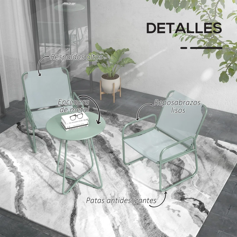 Outsunny Conjunto de Muebles de Jardín de 3 Piezas con Marco de Acero Reposabrazos y Almohadillas Ajustables para los Pies Verde