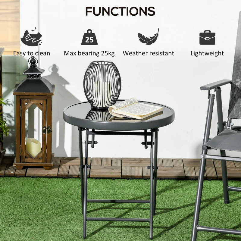 Outsunny Φ45cm Garden Side Table, Outdoor Round Folding Patio Table with Imitation Marble Glass Top, Small Coffee Table, Black