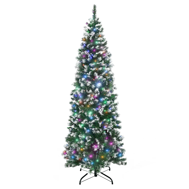 HOMCOM 6FT Tall Prelit Pencil Slim Artificial Christmas Tree with Realistic Branches, 300 Colourful LED Lights and 618 Tips, Xmas Decoration, Green