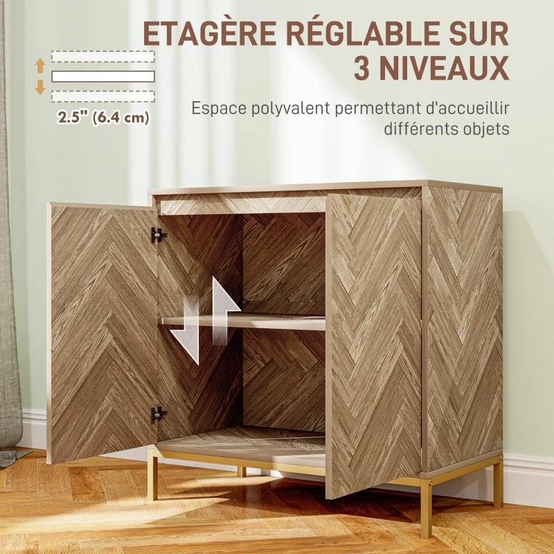 HOMCOM Meuble de rangement buffet avec 2 portes à chevrons, étagère réglable et pieds en acier, dim. 78 x 40 x 78 cm, chêne