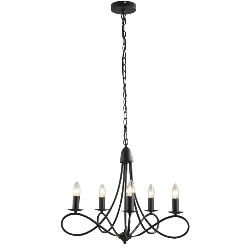 HOMCOM Lampadario a Soffitto Stile Rustico, Acciaio Intrecciato Nero con 5 Candelieri Regolabili e Pieghevoli Ф58 x 45cm