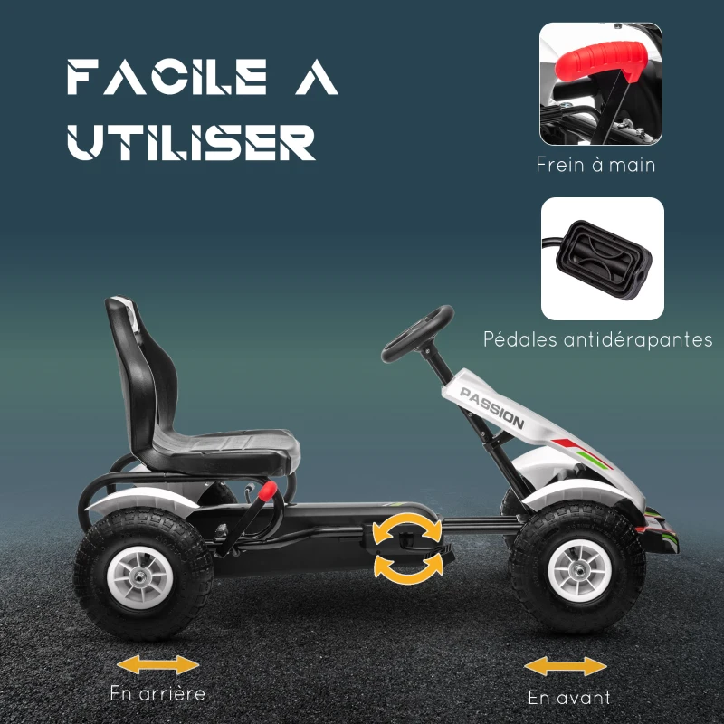 HOMCOM Kart à pédales pour enfant siège réglable 3 positions frein à main enfant de 5 à 12 ans blanc noir(m-5)
