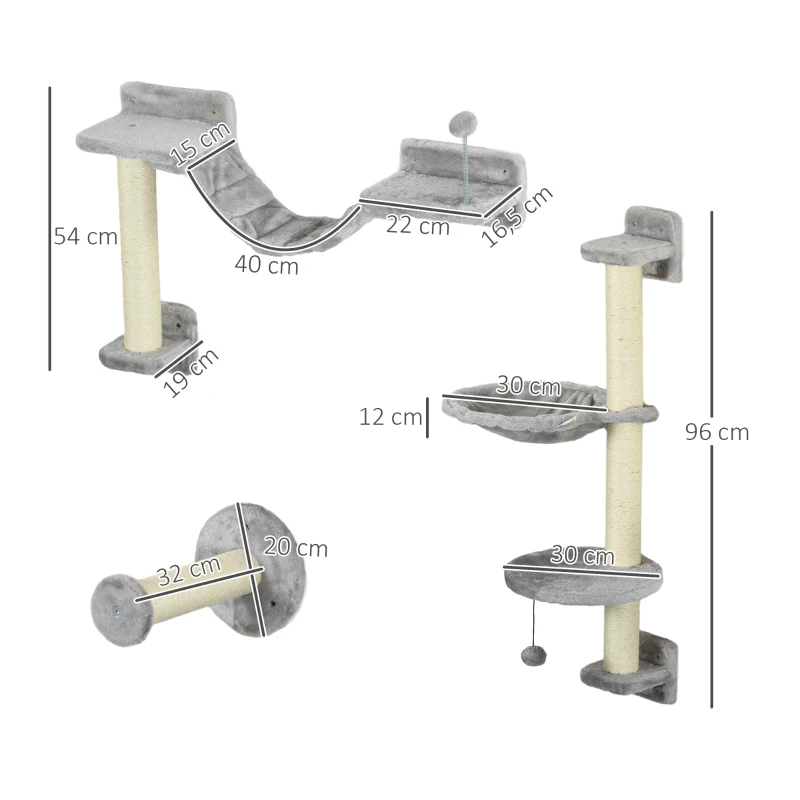PawHut Juego de Escalada para Gatos de Pared 4 Piezas con Hamaca Bola Plataformas 84,5x19x54 cm Gris y Beige