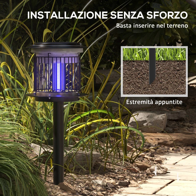 Outsunny Set 2 Lampade Antizanzare da Esterno 2 in 1 con Luce LED e UV, Ricarica Solare e USB, Nero