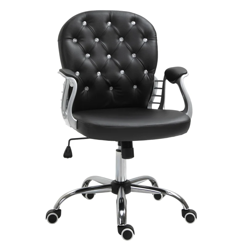 HOMCOM Fauteuil de bureau chaise de bureau ergonomique réglable roulettes pivotantes boutons strass revêtement synthétique PU 59,5L x 60,5l x 95-105H cm noir