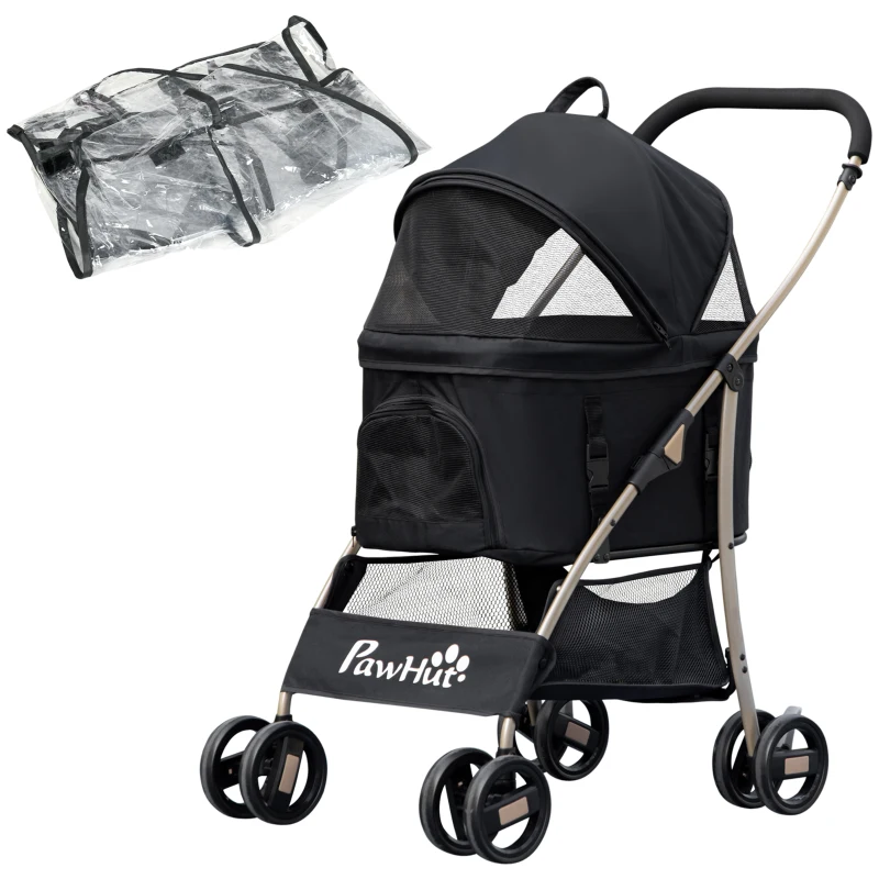 PawHut Detachable Pet Stroller with Rain Cover, 3 In 1 Cat Dog Pushchair, Foldable Carrying Bag w/ Universal Wheels, Brake, Canopy, Basket, Storage Bag for Small and Tiny Dogs - Black