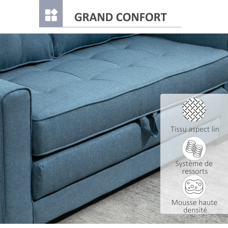 HOMCOM Canapé droit convertible 2 places - dossier capitonné - 147,5 x 75 x 85 cm - bleu